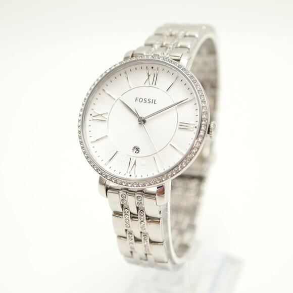 Fossil Silver Tone Jacqueline Womens 36mm Watch Gem Bezel Bracelet w New Battery - Picture 1 of 13